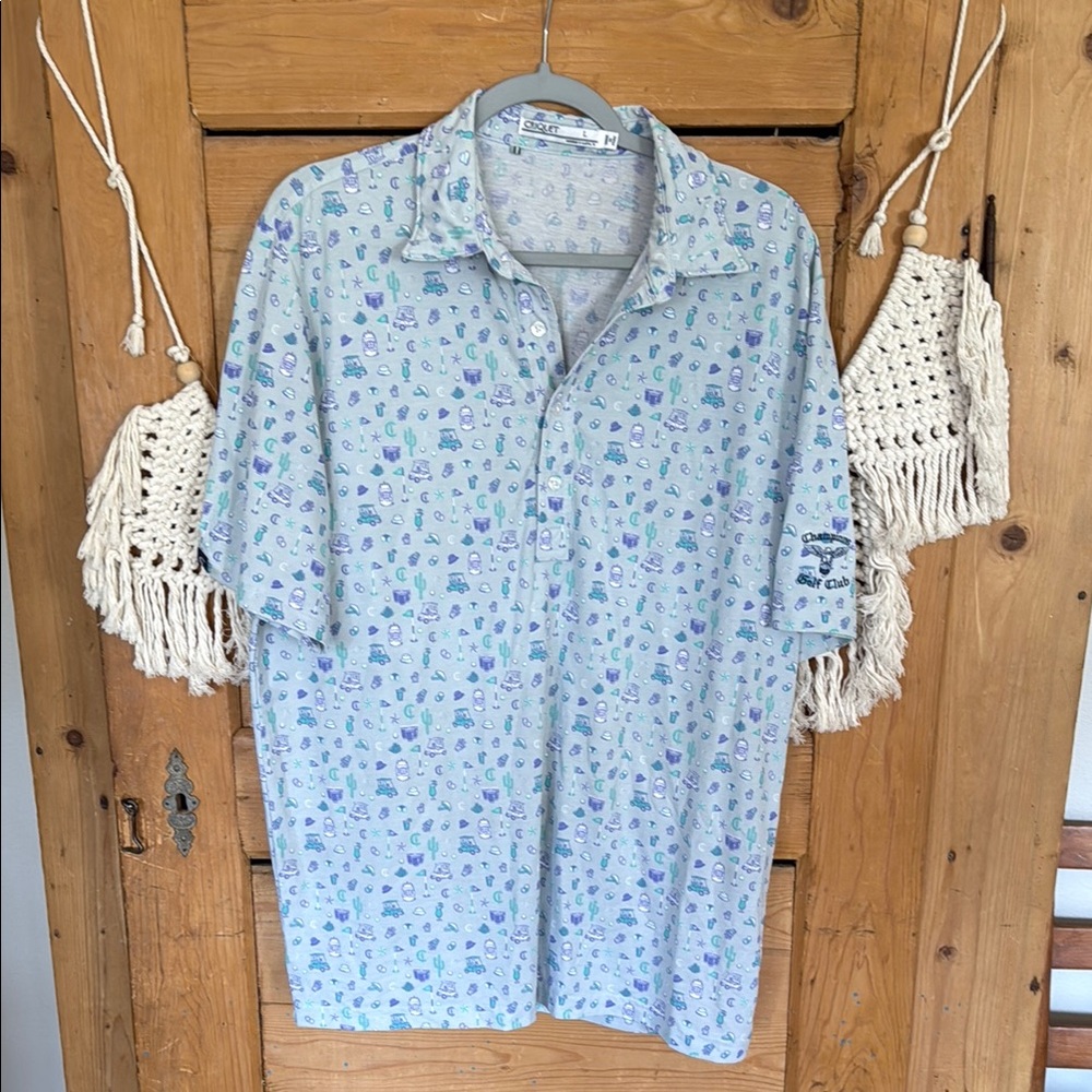 Criquet Light Blue Patterned Polo Golf Shirt large